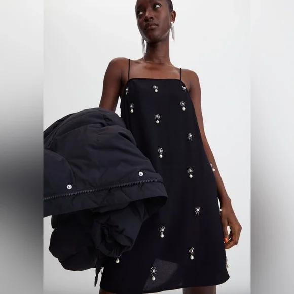 H&M Appliqud Holiday Party Slip Dress | Embellished Black Dress
